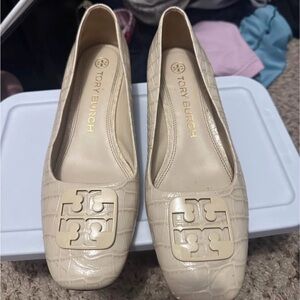 Tory Burch Beige Croc-Embossed Flats